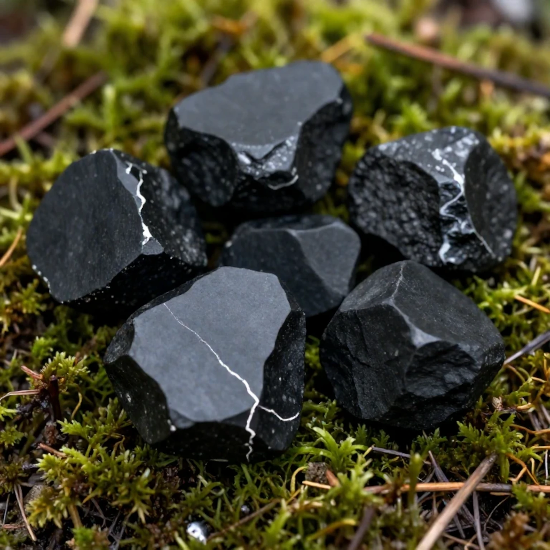 Meherere Schungit-Steine auf Moosboden liegend.