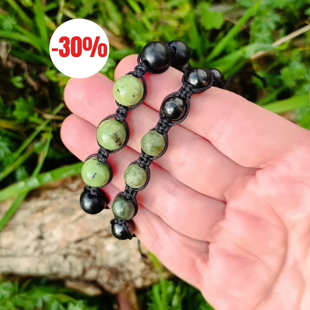 Shamballa-Armband aus Schungit und Jade, schwarz-grün