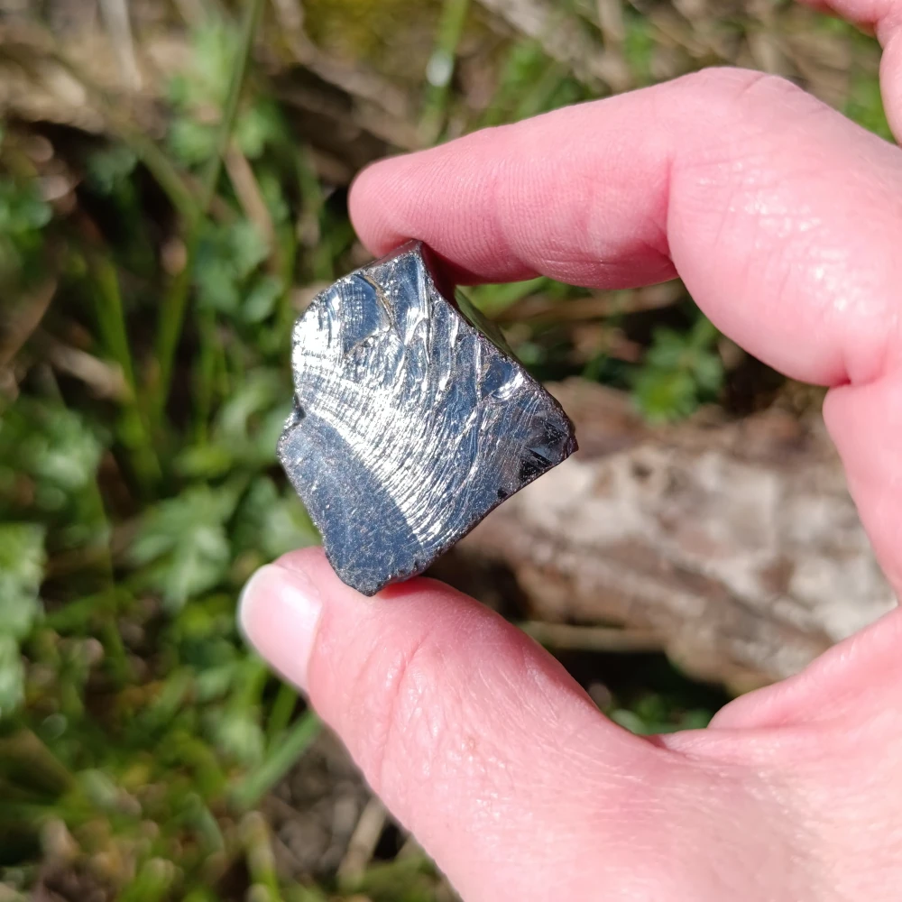 Edelschungit kleiner Stein in der Hand.