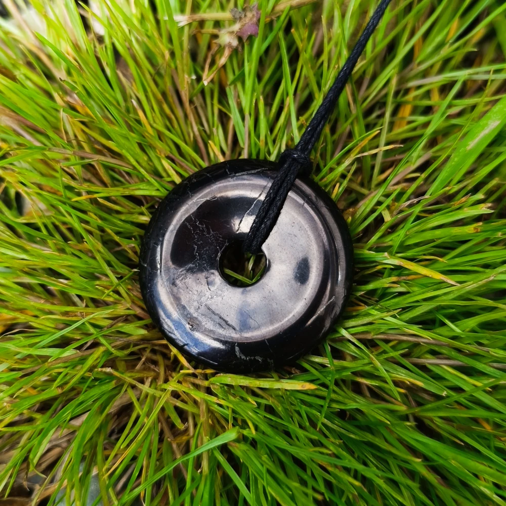 Auf gruenem Gras liegender runder Schungit-Donut