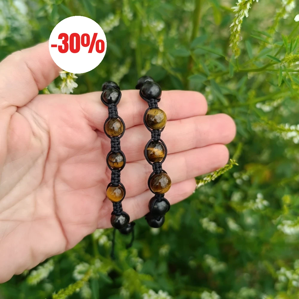 Schungit-Tigerauge-Armbänder, schwarz und braun-gold
