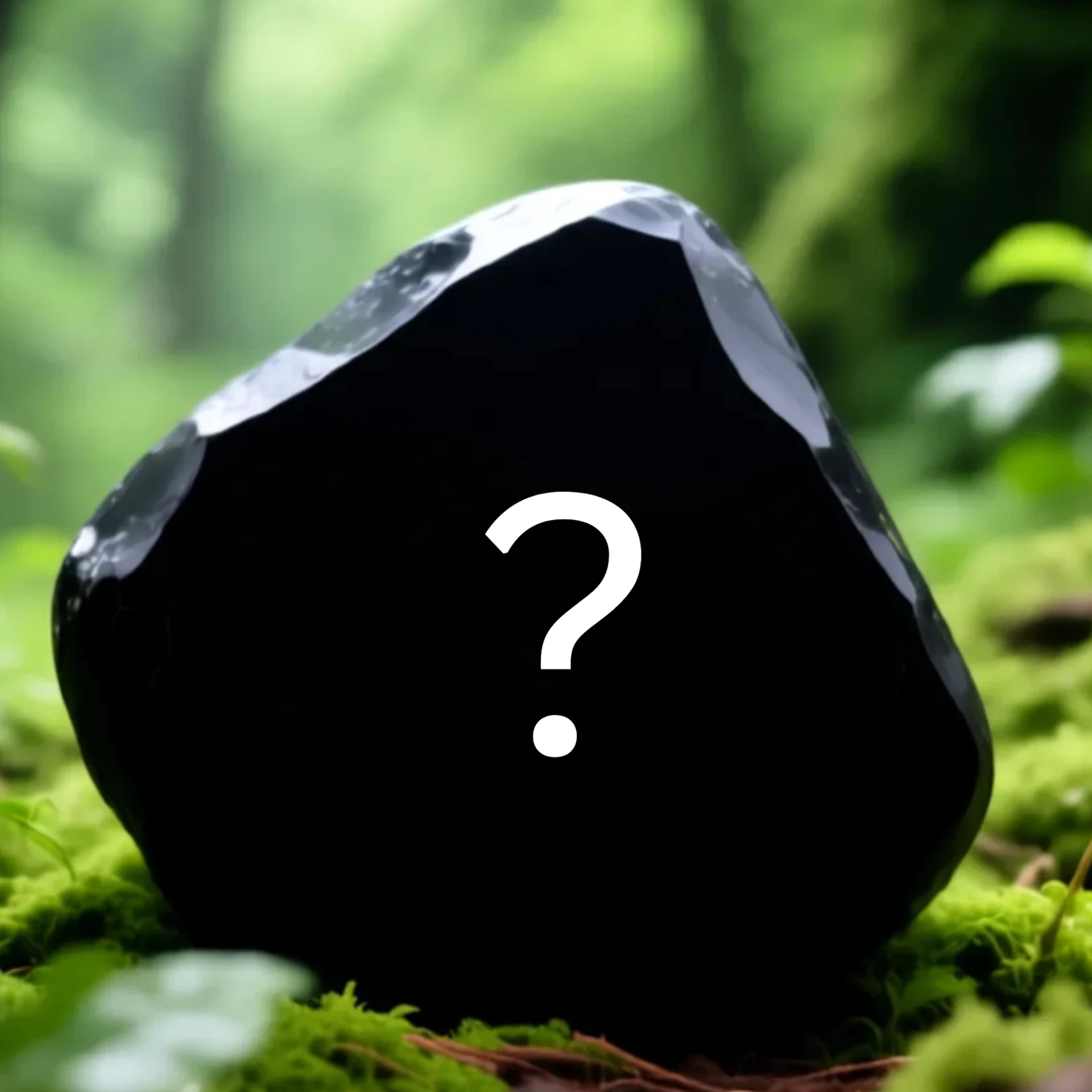 Schwarzer Stein mit Fragezeichen auf einem Waldboden.