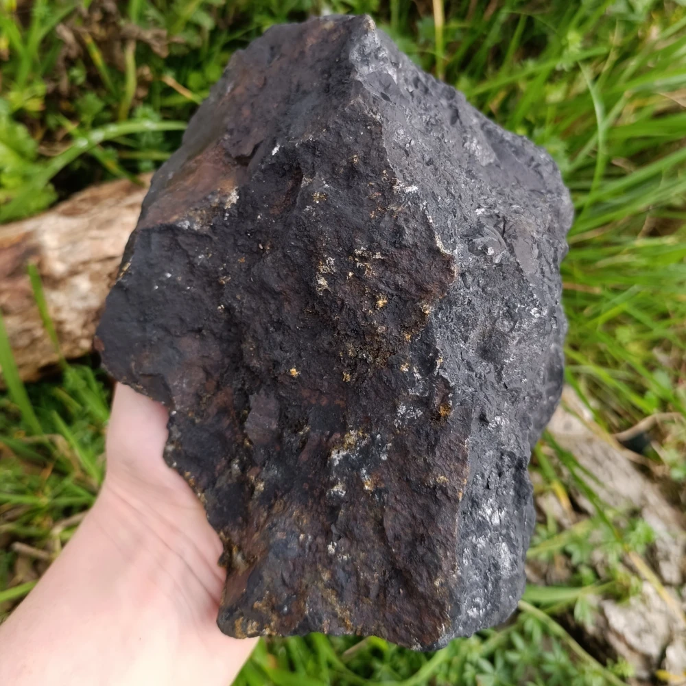 Schungit Rohstein in der Hand