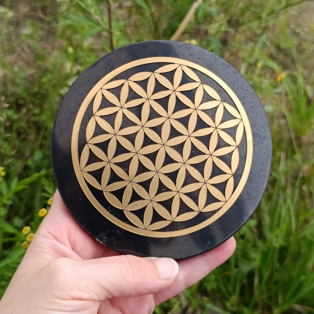 Schungit Scheibe mit Symbol Lebensblume in der Hand