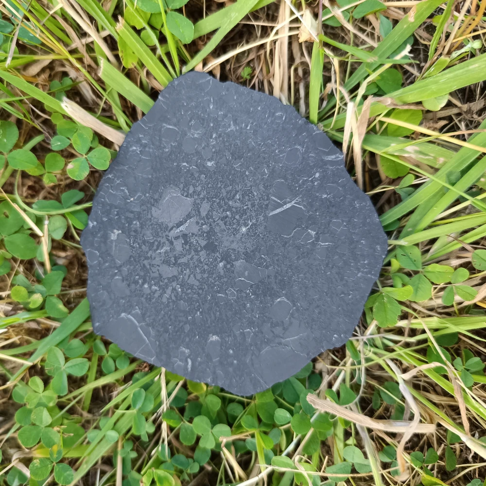 Schungit-Rohplatte, unregelmäßige Form, naturbelassen, auf Naturuntergrund