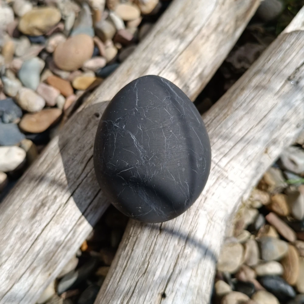 Auf Holz liegendes Ei aus Schungit in unpolierter Form