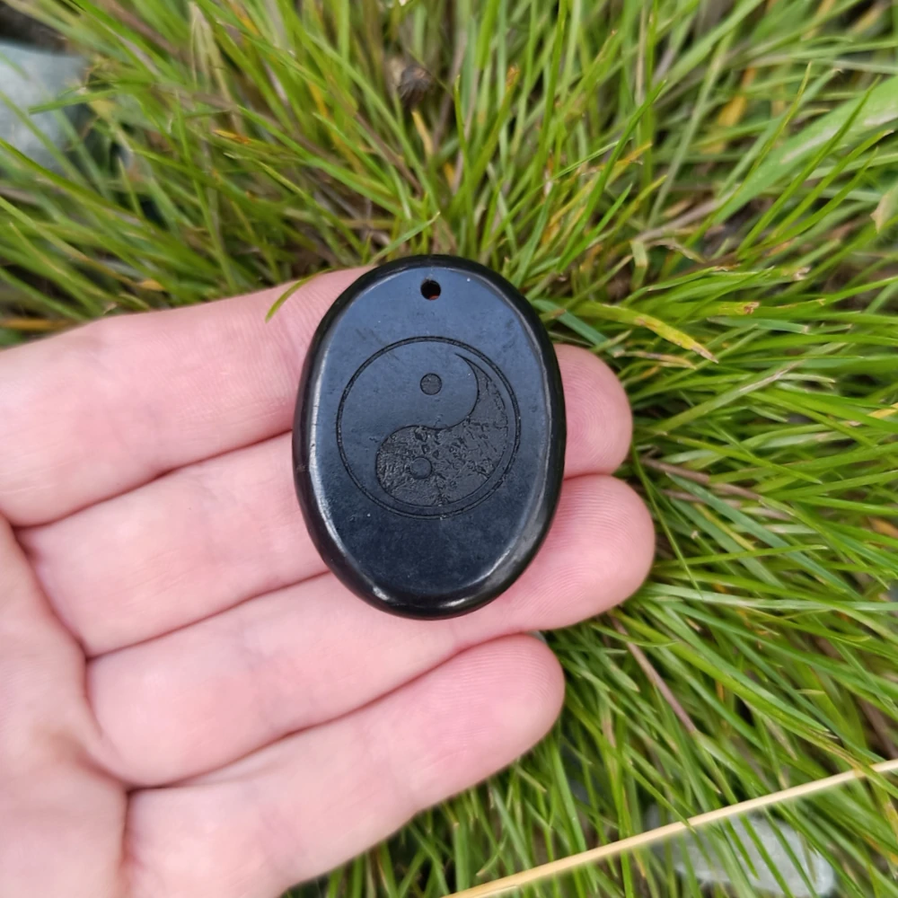 Yin und Yang Anhaenger aus Schungit in der Hand