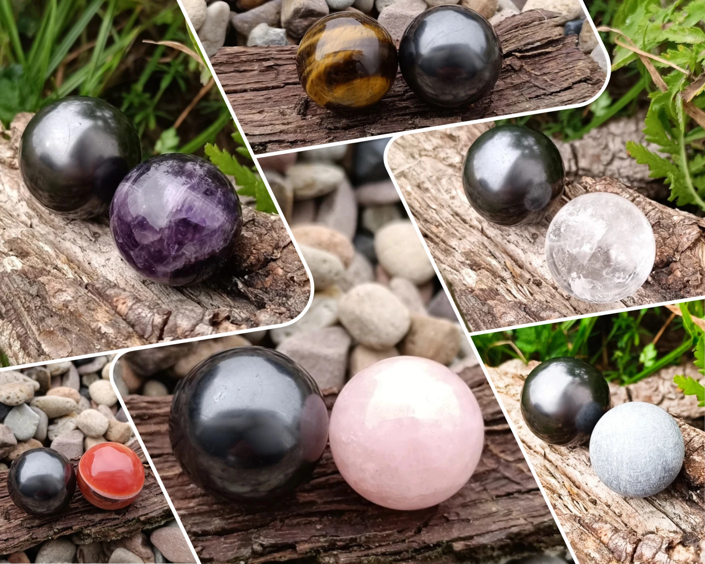 Mehrere Schungit-Kugelsets als Collage.