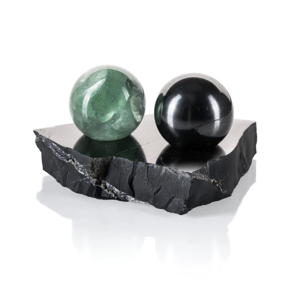 Harmonisiererset aus Schungit und Fluorit mit Untersetzer