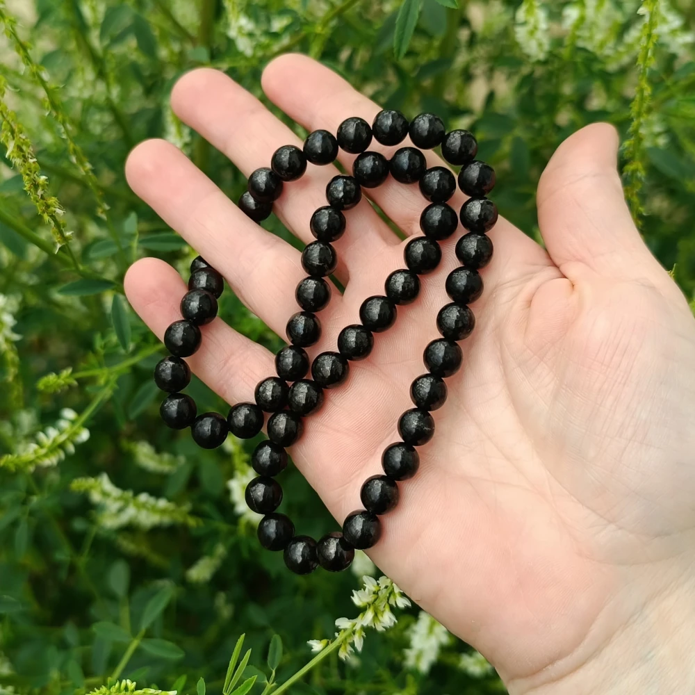 Schungit Perlenkette schwarze Kugeln glaenzend