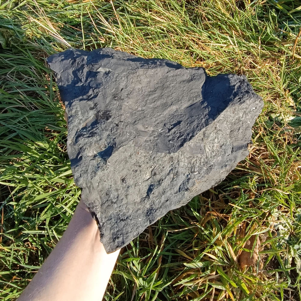 Grosser Schungit Rohstein auf der Hand liegend.