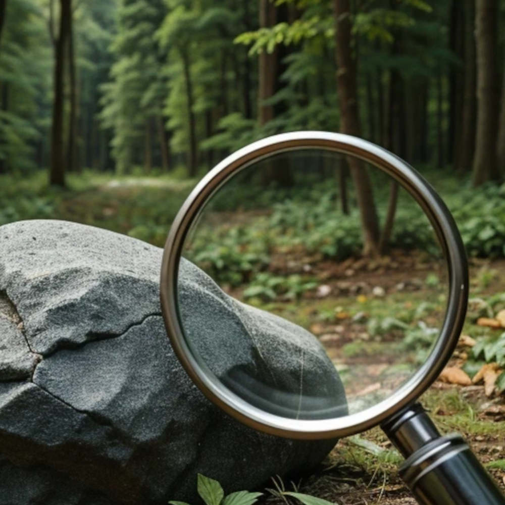 Stein im Wald stehend und eine Lupe darauf gerichtet.