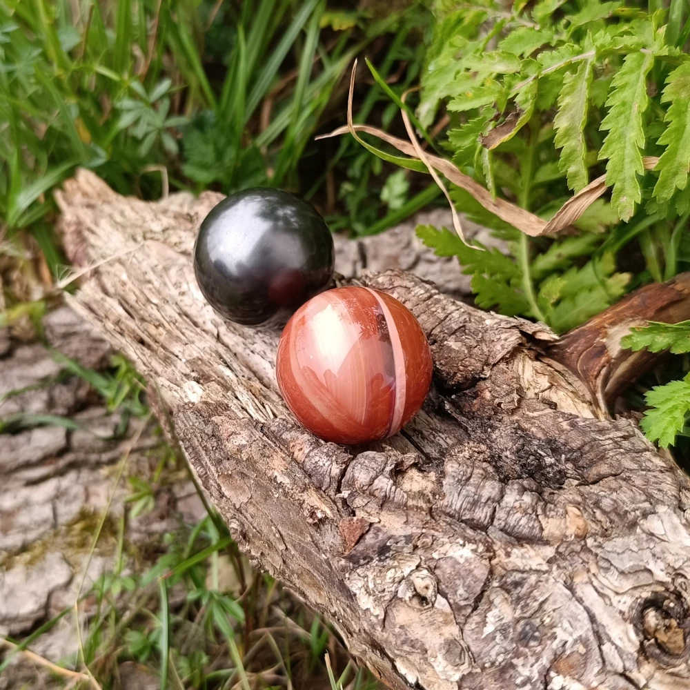 Zwei Harmonisiererkugeln aus Schungit und Karneol auf Baumstamm