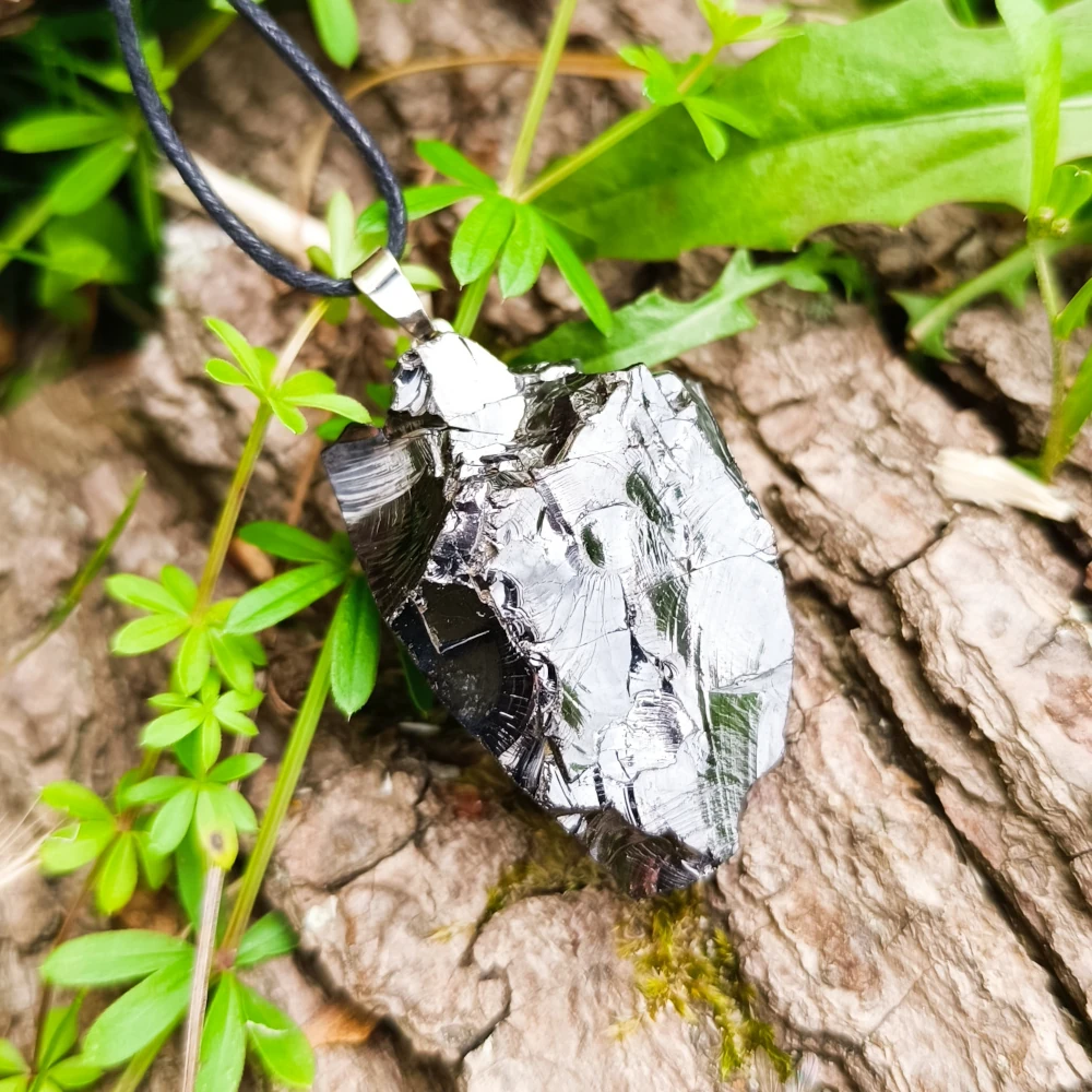 Rautenfoermiger Edelschungit Kettenanhaenger auf Baumrinde liegend