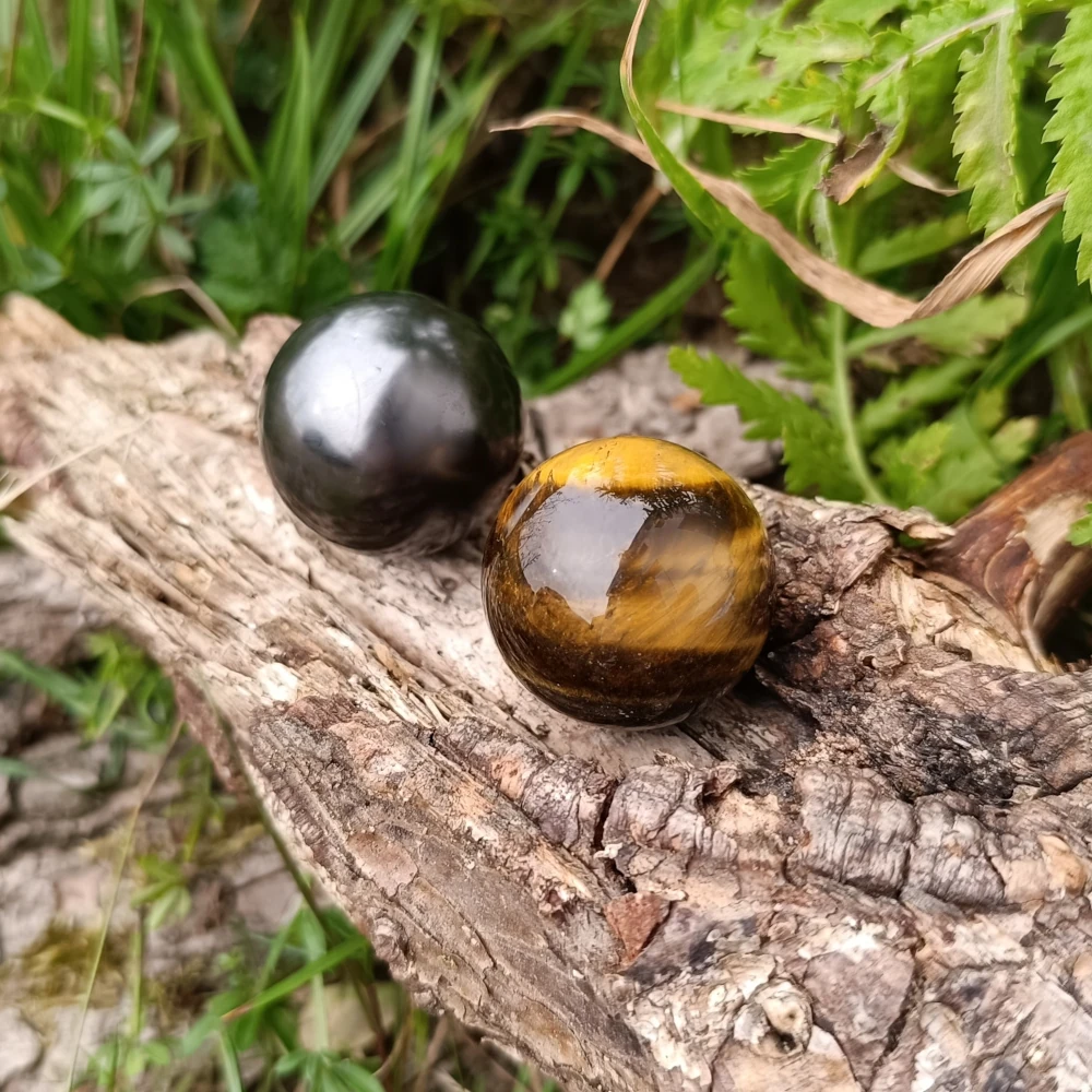 Kleine Kugeln aus Tigerauge und Schungit auf Holsstamm liegend