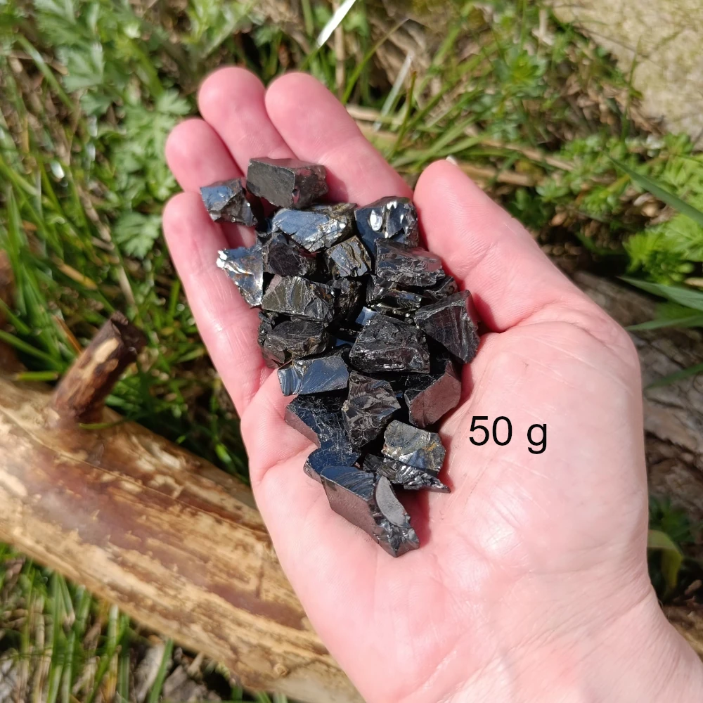 Edelschungit Splitter in einer Hand