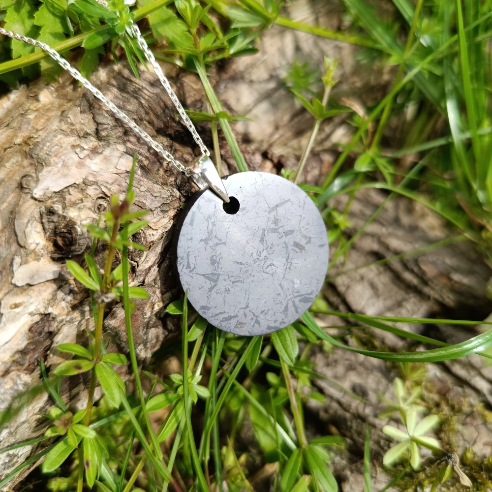 Schungit Anhaenger Kreis mit Silberschlaufe und Kette auf Holz liegend