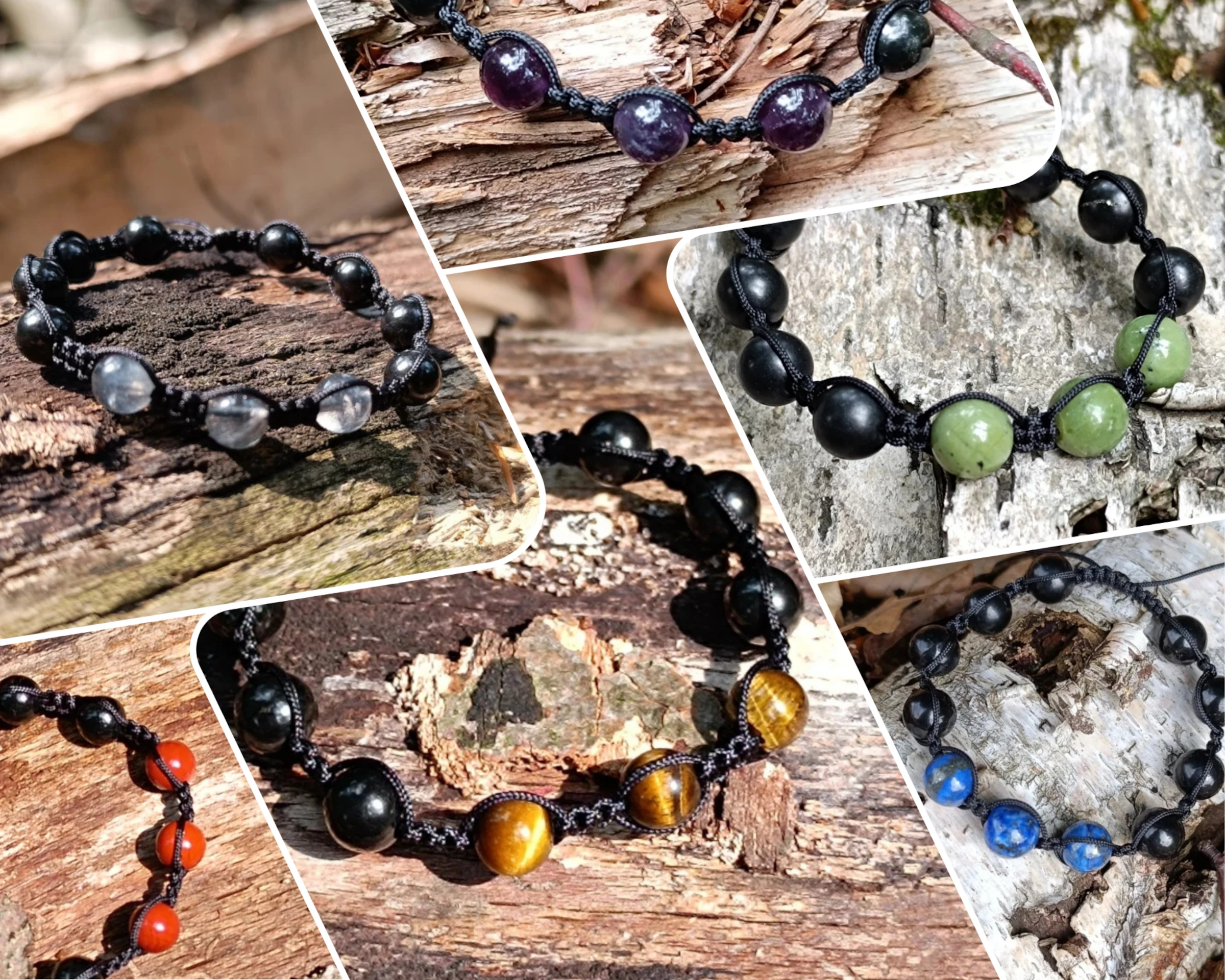 Eine Collage mit Schungit-Armbaendern in Kombinationen mit Mineralien.