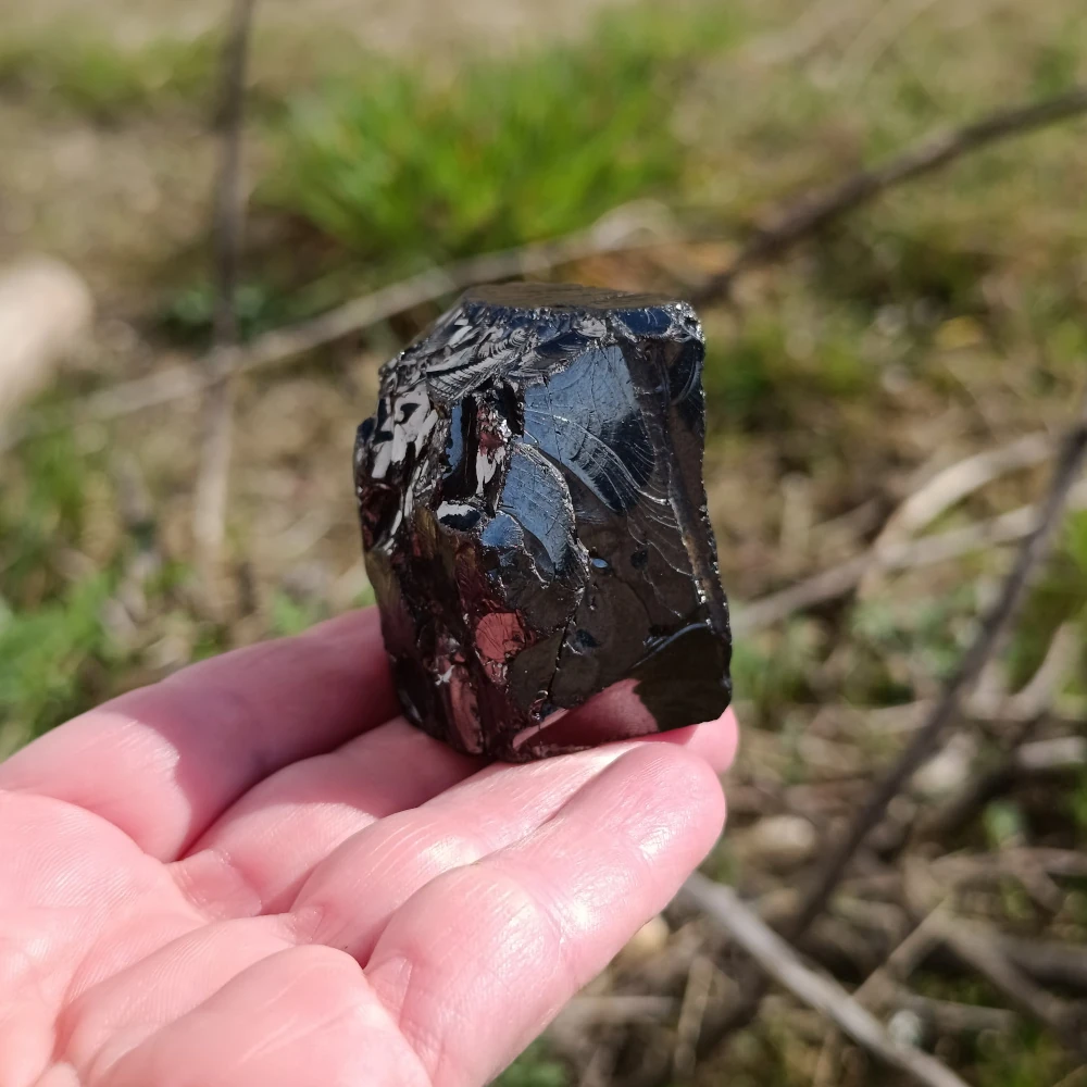 Edelschungit silbrig auf Fingerspitzen stehend.