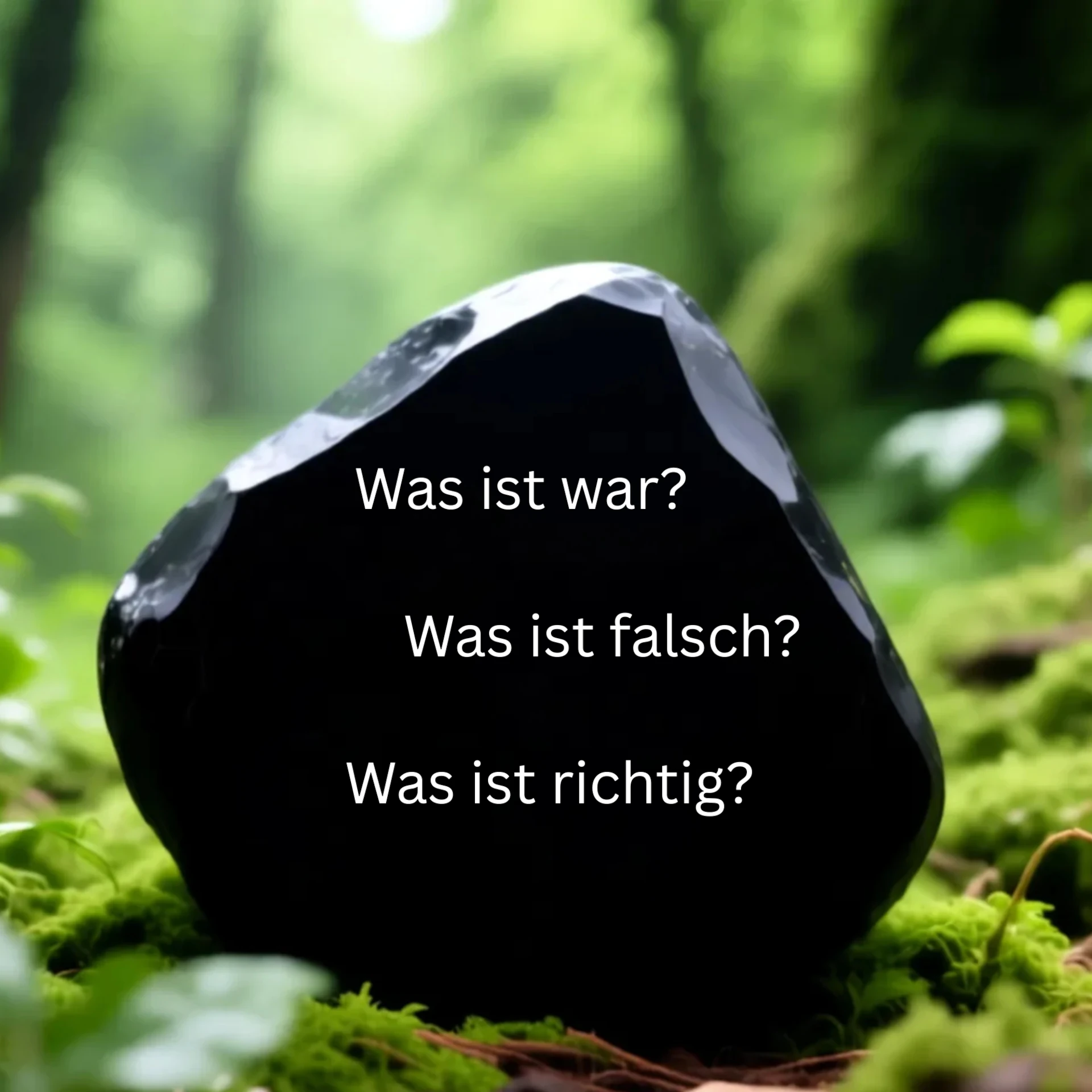 Ein Rohstein aus Schungit mit drei Fragen auf dem Stein im Wald stehend.